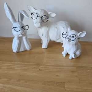 White Animal Figurine Set with Glasses  Home Accent Pig Cow Rabbit